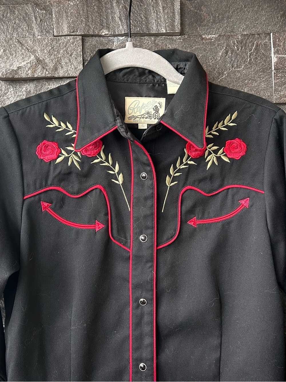 Vintage Roper Black Western Button-Down Shirt with Red Rose Embroidery - Picture 2 of 5